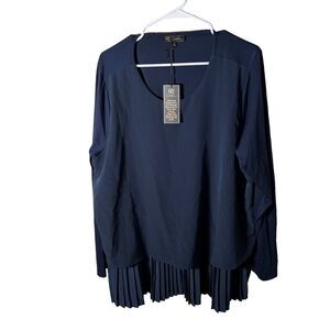 DG2 Blouse Women's 1X Navy Blue Mixed Media Round Neck 3/4 Sleeve Pleated